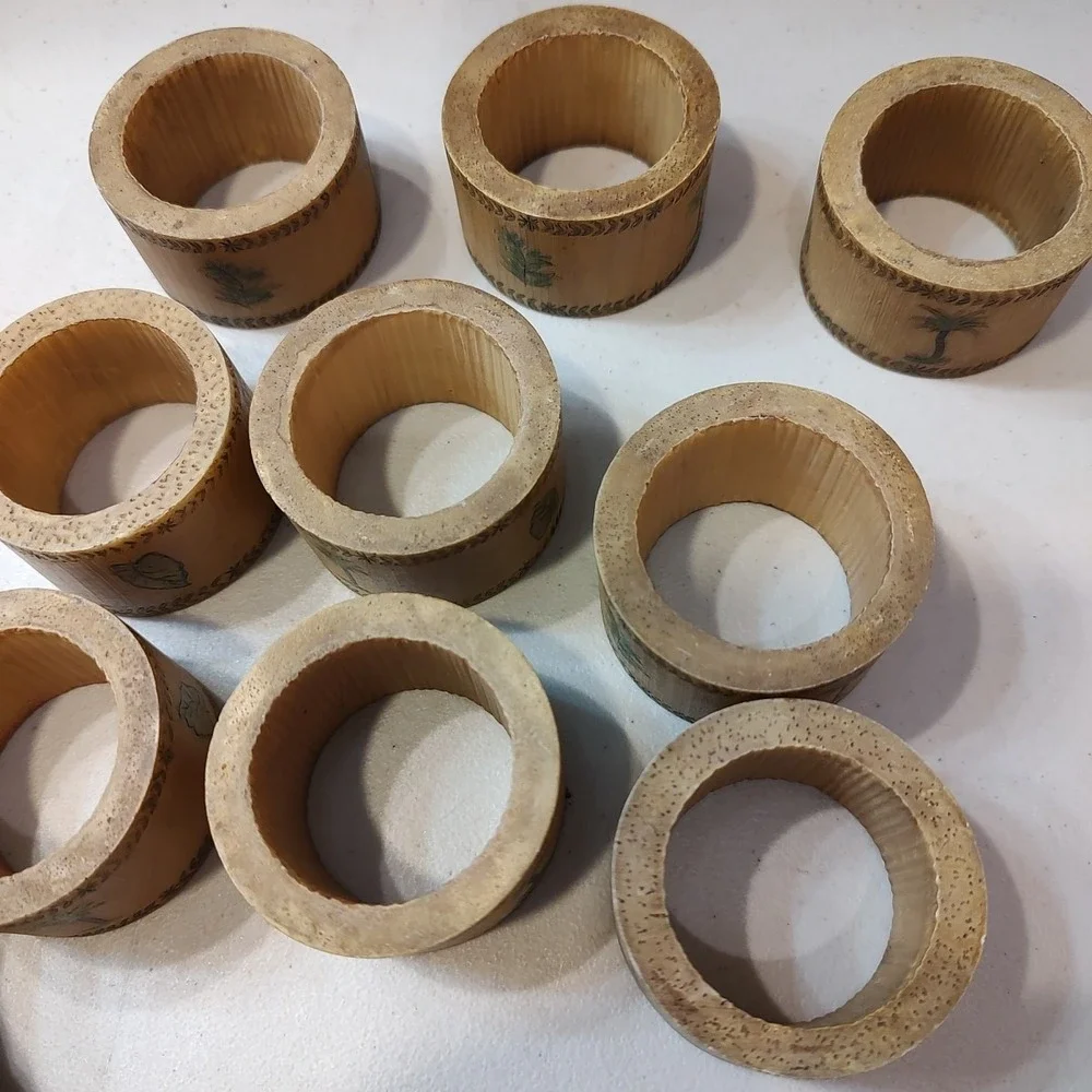 Coastal Core Bamboo Napkin Ring Holders 10 Piece Set‎ Textured Hand Painted